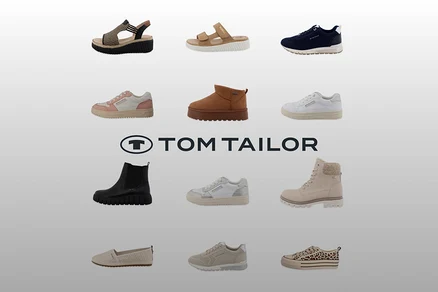 Tom Tailor Schuhe: Sandale mit Keilabsatz, Sandale, Sneaker, Stiefelette, Schnürstiefel und Slipper sind auf grauem Hintergrund angeordnet.