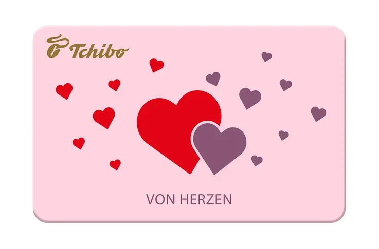 Eine rosafarbene PDF Geschenkkarte mit roten und lilafarbenen Herzen ist zu sehen.