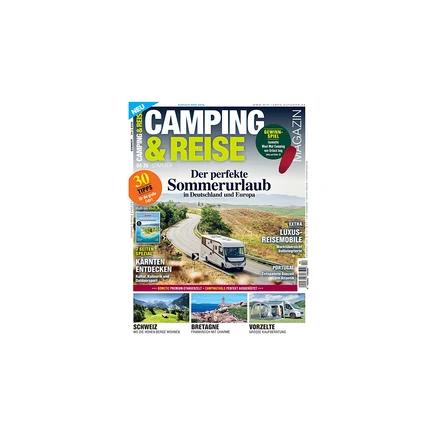 Magazincover „Camping & Reise“ mit weißem Wohnmobil auf kurviger Straße in hügeliger Landschaft. Hauptartikel: „Der perfekte Sommerurlaub in Deutschland und Europa“. Unten drei Bilder: Berge, Leuchtturm, Camper mit Vorzelt.