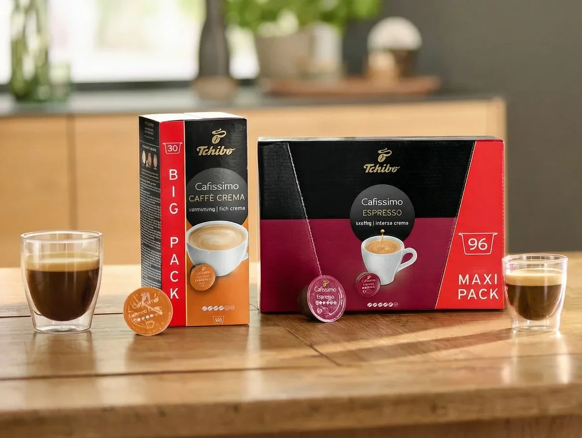 Auf einem Holztisch stehen zwei Gläser Espresso neben Packungen Tchibo Cafissimo Caffe Crema und Espresso.