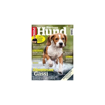 Titelbild des Magazins Partner Hund mit einem Beagle, der durch Wasser läuft und spritzt. Schlagzeilen wie „Abenteuer Gassi“ und „Reaktiver Hund“ sind sichtbar.