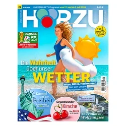 HÖRZU Magazincover: Lächelnde Frau in blauem Badeanzug läuft mit Sonnen-Schwimmring am Strand. Hauptthema: "Die Wahrheit über unser Wetter".