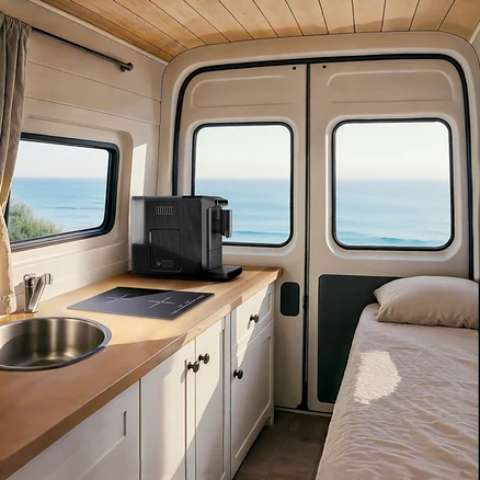 Schwarzer »Esperto mini« Kaffeevollautomat auf einer Holztheke in einem Campervan, neben Spüle und Induktionskochfeld, mit Meerblick durch die Fenster und einem Bett rechts.