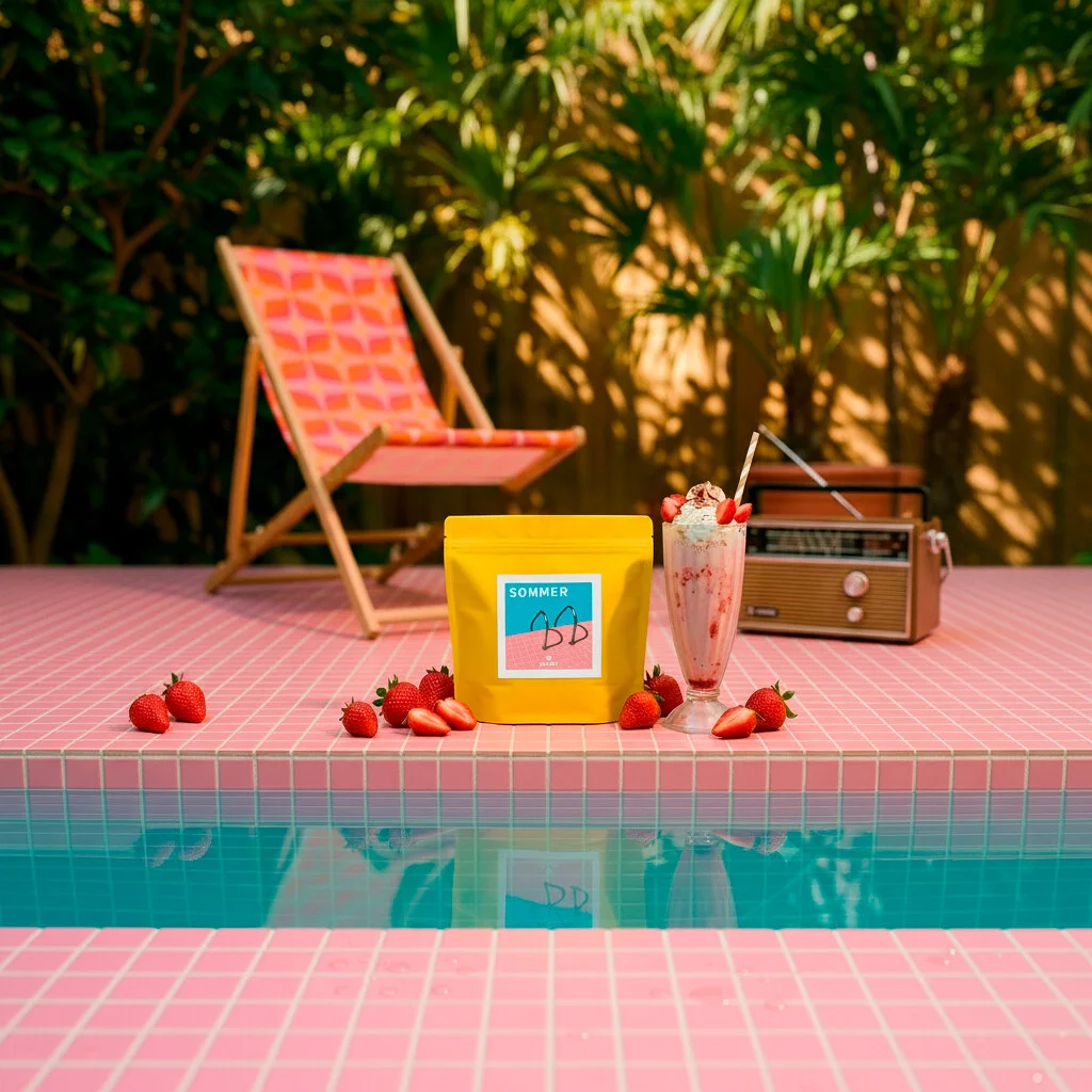 Ein gelber Heilandt Sommer Omni-Roast Kaffeebeutel, ein rosa Erdbeer-Milchshake mit Sahne und frische Erdbeeren stehen auf rosafarbenen Poolfliesen. Im Hintergrund sind ein gemusterter Liegestuhl, ein Vintage-Radio und grüne Pflanzen zu sehen.