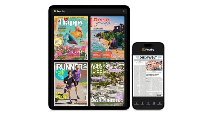 Ein Tablet und ein Smartphone zeigen die Readly App. Auf dem Tablet sind Magazincover wie "Happy", "Reise Genuss", "RUNNER'S" und "WOHN IDEE" zu sehen. Das Smartphone zeigt die Zeitung "DIE WELT".