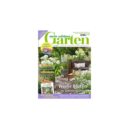 Titelblatt der Zeitschrift "mein schöner Garten" Juli 2026, mit einem Gartenbereich mit weißen Blüten, einer braunen Outdoor-Couch und einem Tisch. Artikelüberschriften wie "Hitzefeste Sukkulenten" und "Weiße Blüten im Sommergarten" sind sichtbar.