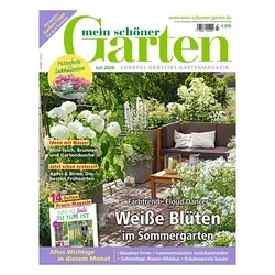 Titelblatt der Zeitschrift "mein schöner Garten" Juli 2026, mit einem Gartenbereich mit weißen Blüten, einer braunen Outdoor-Couch und einem Tisch. Artikelüberschriften wie "Hitzefeste Sukkulenten" und "Weiße Blüten im Sommergarten" sind sichtbar.