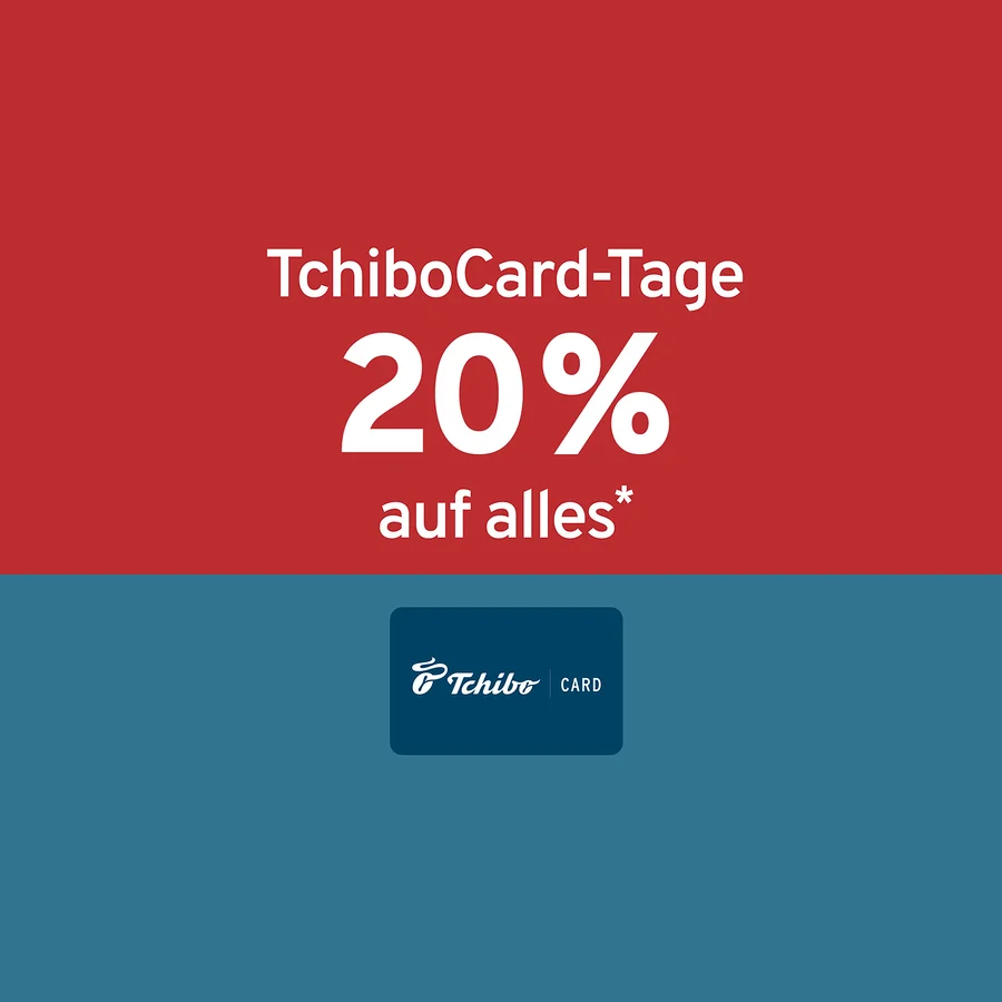 Rotes und blaues Hintergrundbild mit weißem Text "TchiboCard-Tage", "20% auf alles*" und einer blauen Tchibo CARD.