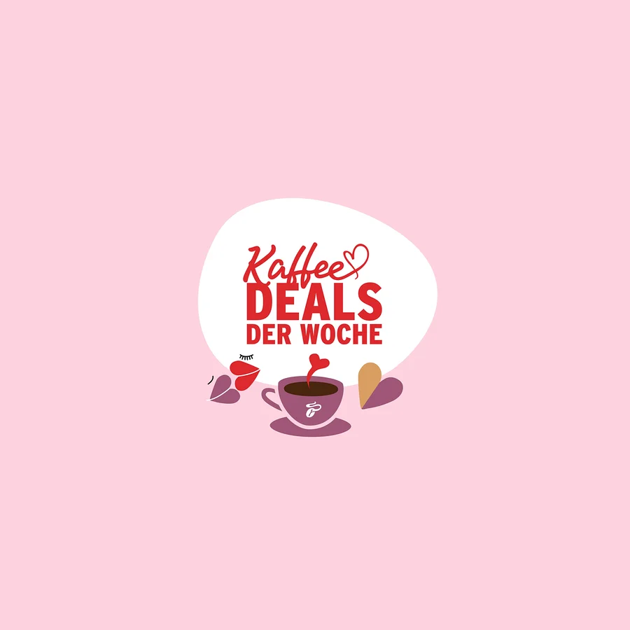 Kaffee-Deals der Woche Illustration mit Kaffeetasse und Herzen auf rosa Hintergrund.