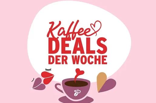 Kaffee-Deals der Woche Illustration mit Kaffeetasse und Herzen auf rosa Hintergrund.