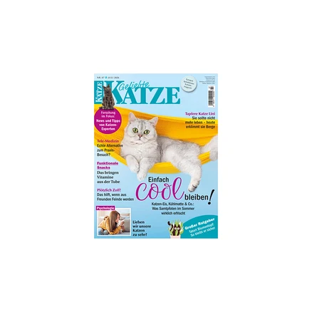 „Geliebte KATZE“ Magazin-Cover mit einer hellgrauen Katze mit grünen Augen, die entspannt in einer gelben Hängematte liegt.