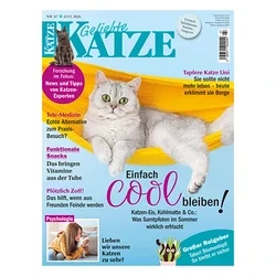 „Geliebte KATZE“ Magazin-Cover mit einer hellgrauen Katze mit grünen Augen, die entspannt in einer gelben Hängematte liegt.