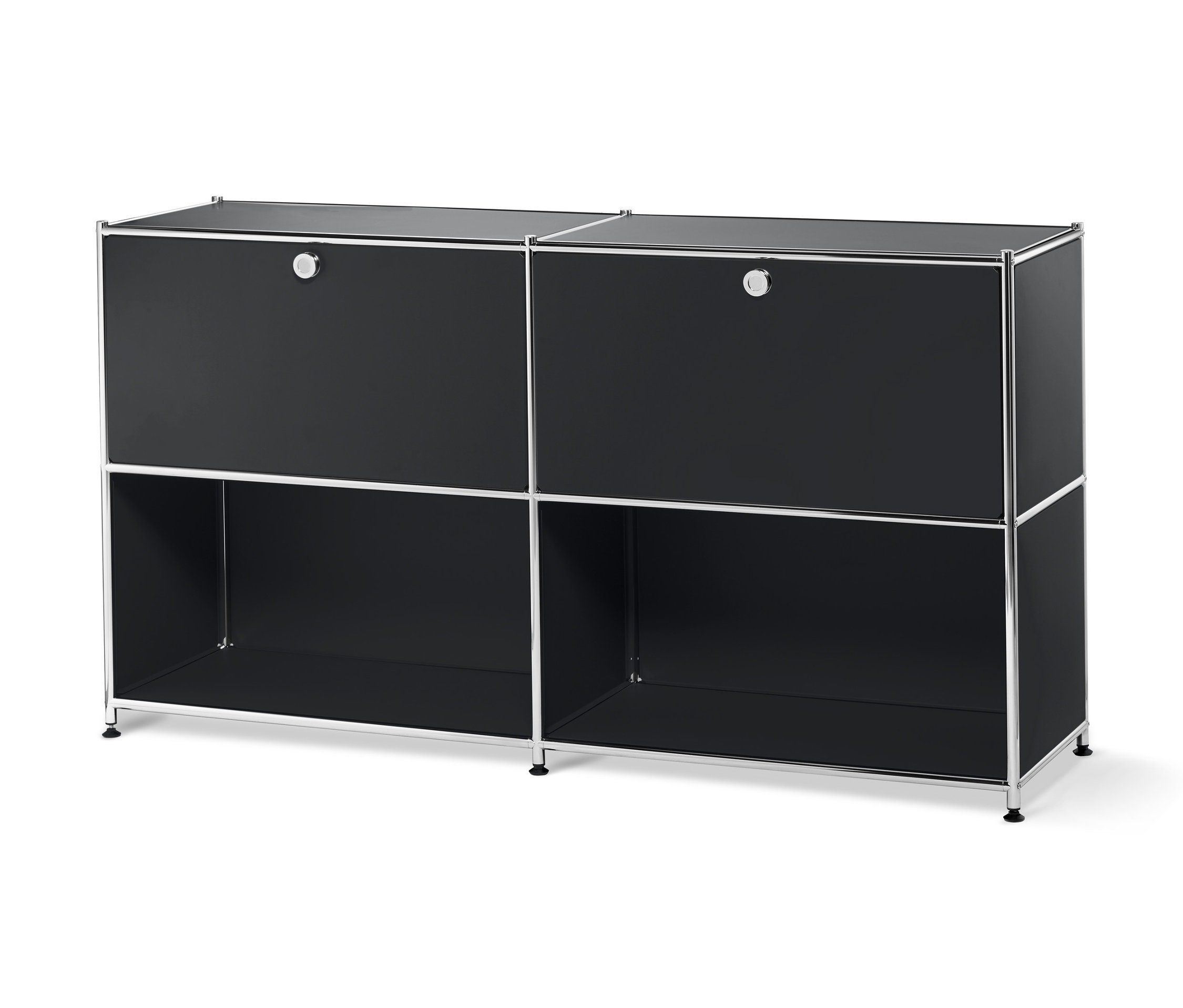 Schwarzes Metall-Sideboard mit 2 versetzbaren Klappenfächern.