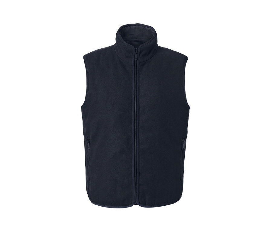 Eine marineblaue Wendeweste mit einem Reißverschluss in der Mitte.