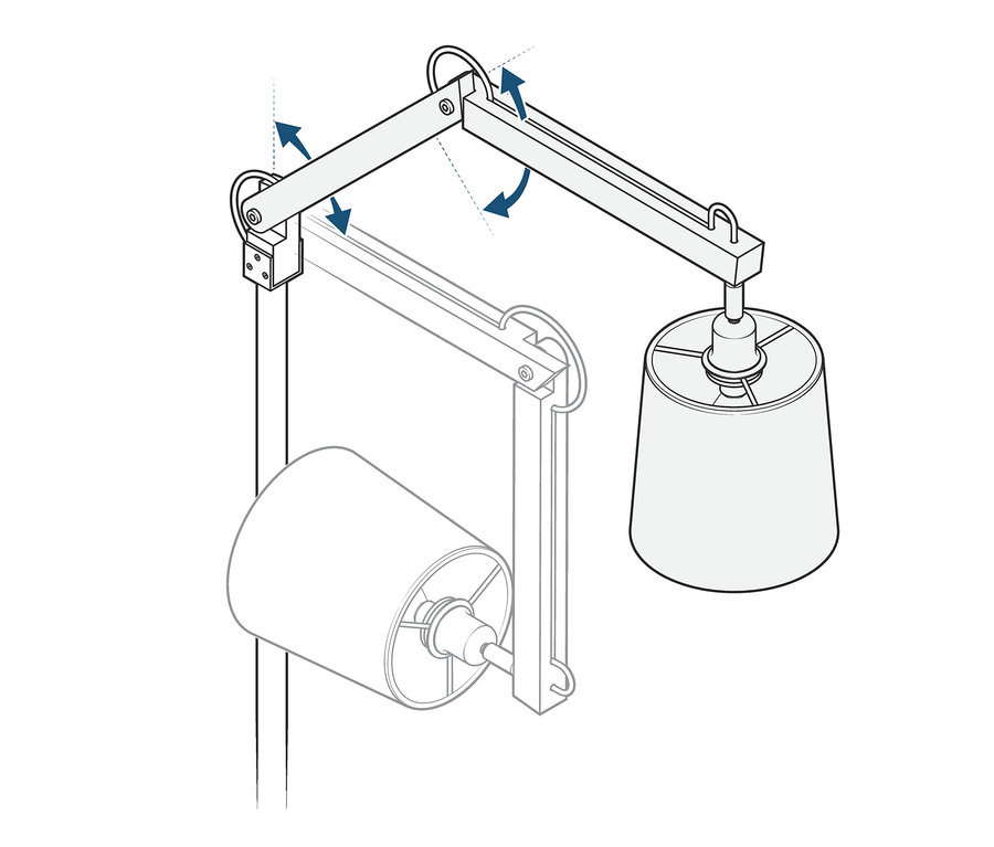 Illustration einer Stehleuchte mit Textilschirm und verstellbarem Arm.