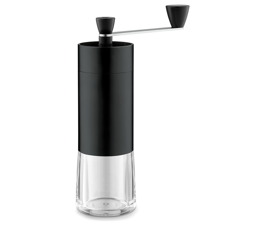 Eine schwarze, manuelle Kaffeemühle.