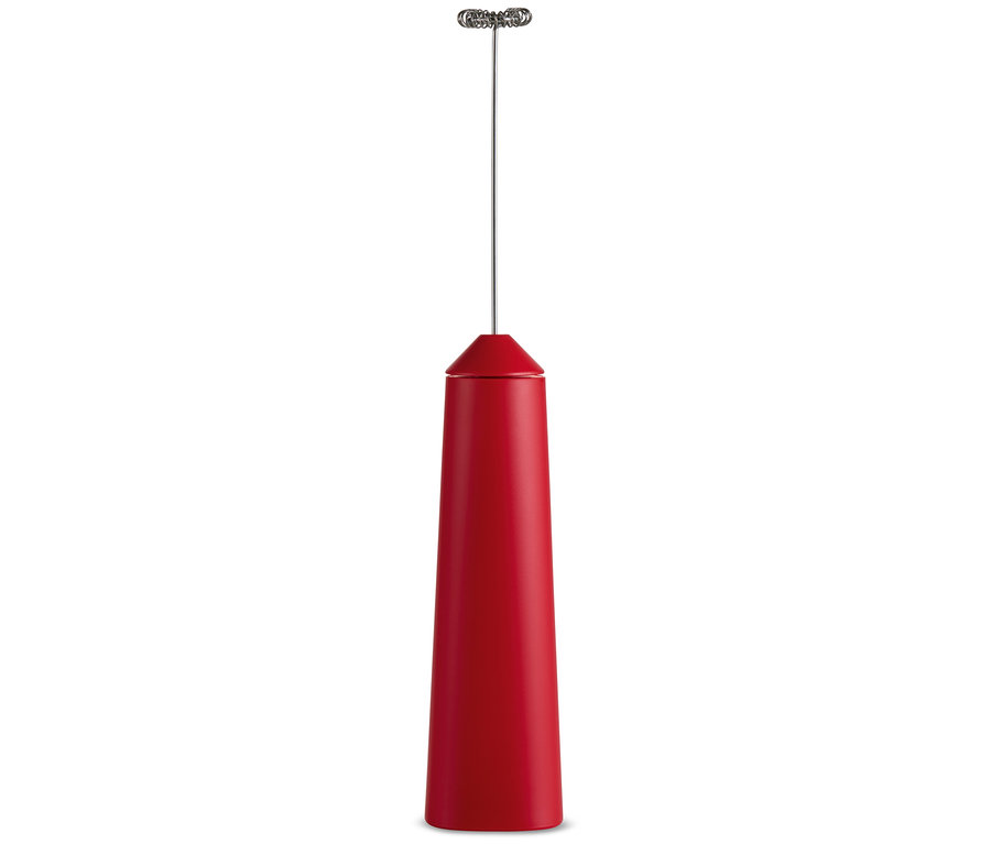 Ein roter, wiederaufladbarer Akku-Milchaufschäumer.