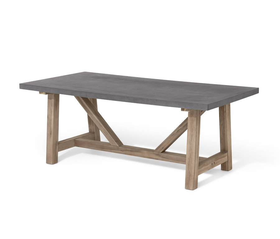 Rechteckiger Dining-Tisch mit Beton-Tischplatte und Holzfuß.