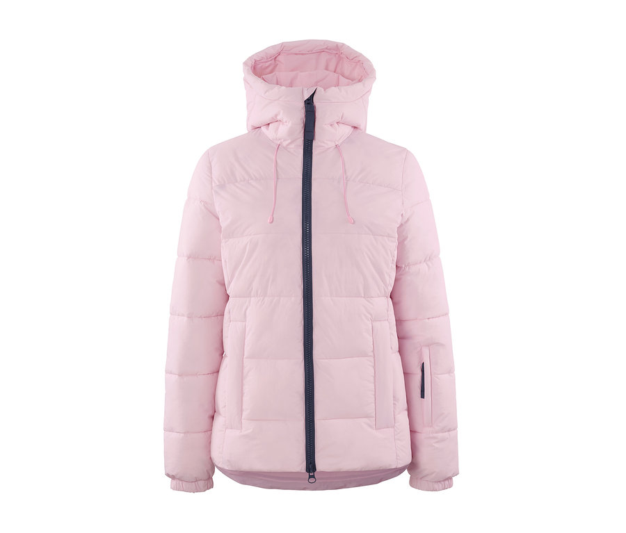 Rosa Ski-Steppjacke mit Reißverschluss in der Mitte.