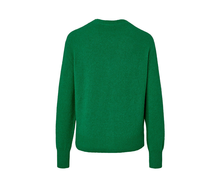 Rückansicht eines grünen Cardigans mit Strickstruktur.