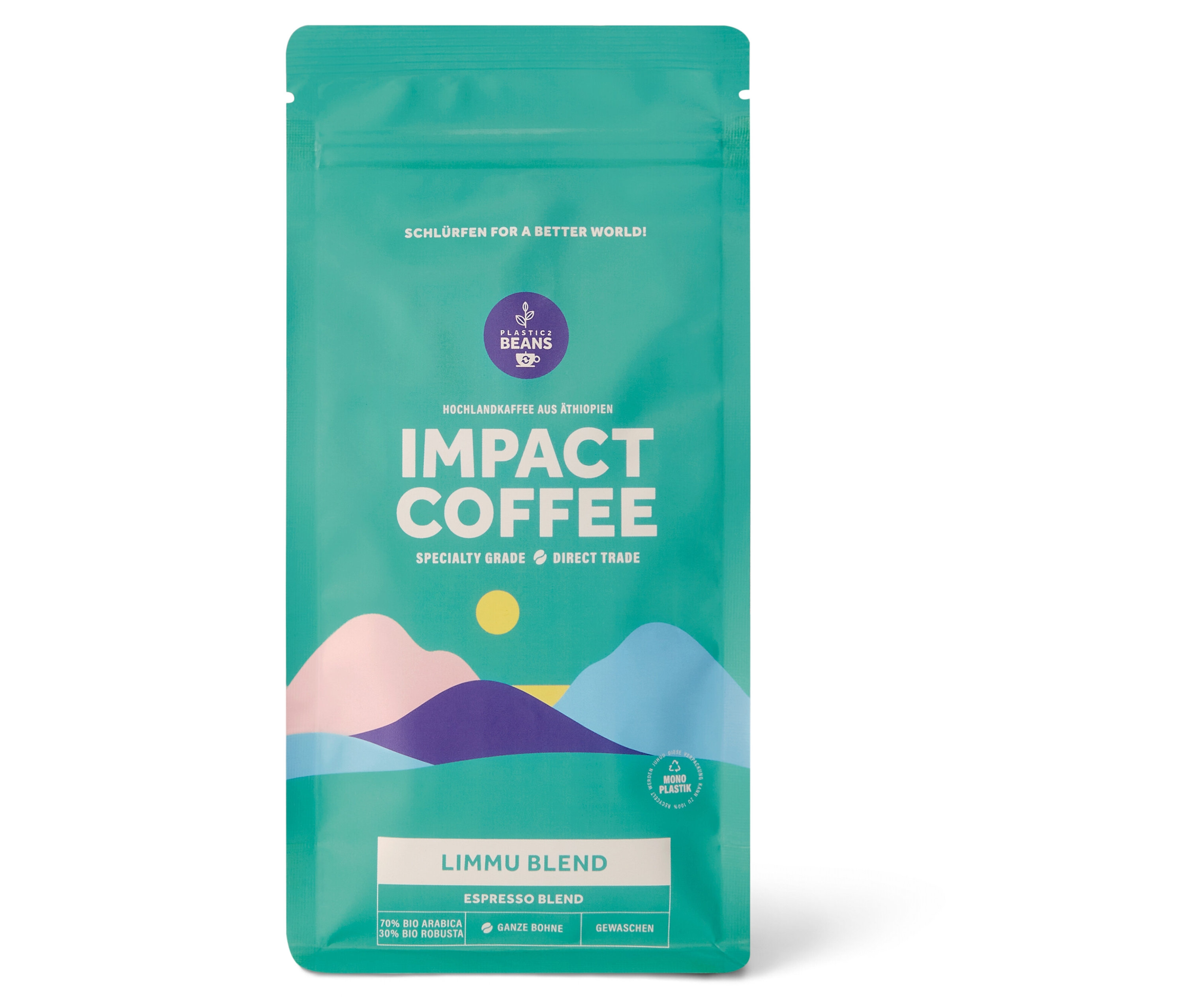 Packung Impact Coffee Limmu Blend Omni-Roast Bio - 250 g Ganze Bohne.