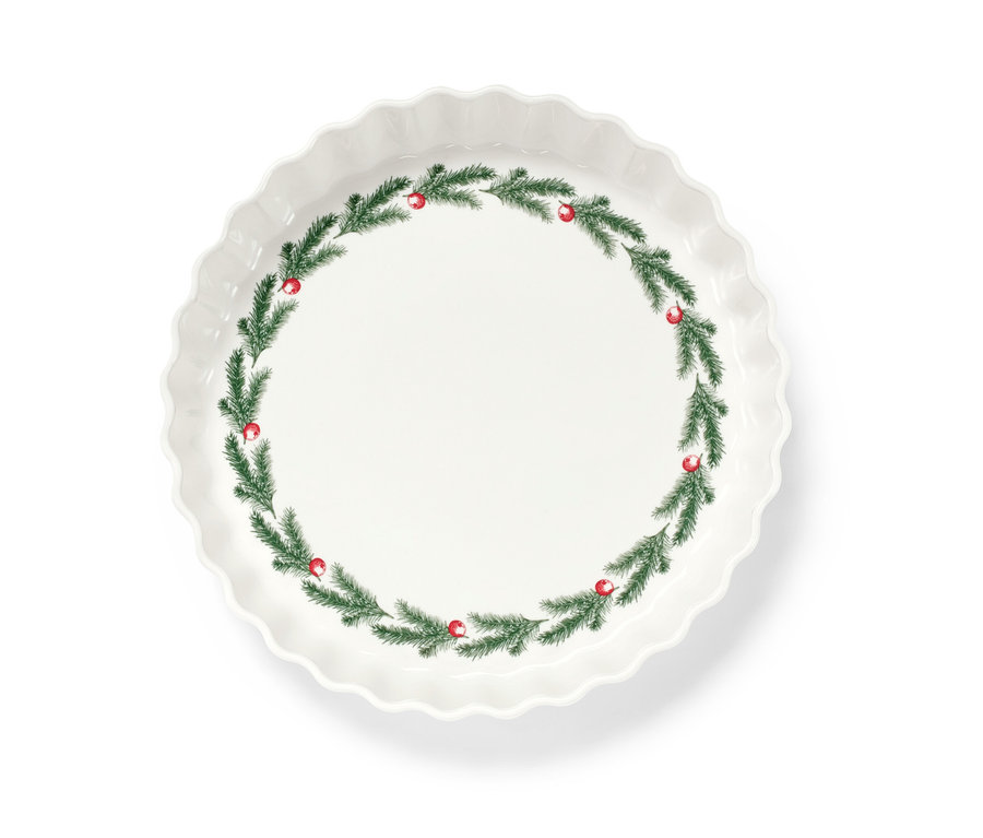 Eine Pie- und Tarte-Form mit einem weihnachtlichen Kranz.