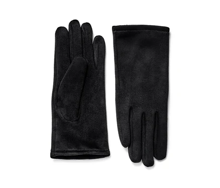 Zwei schwarze Handschuhe in Velourlederoptik liegen nebeneinander.