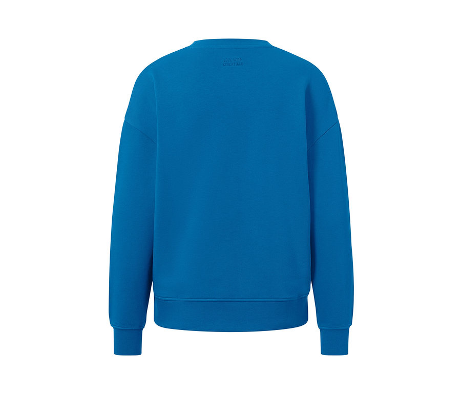 Detailansicht der Rückseite eines azurblauen Sweatshirts.