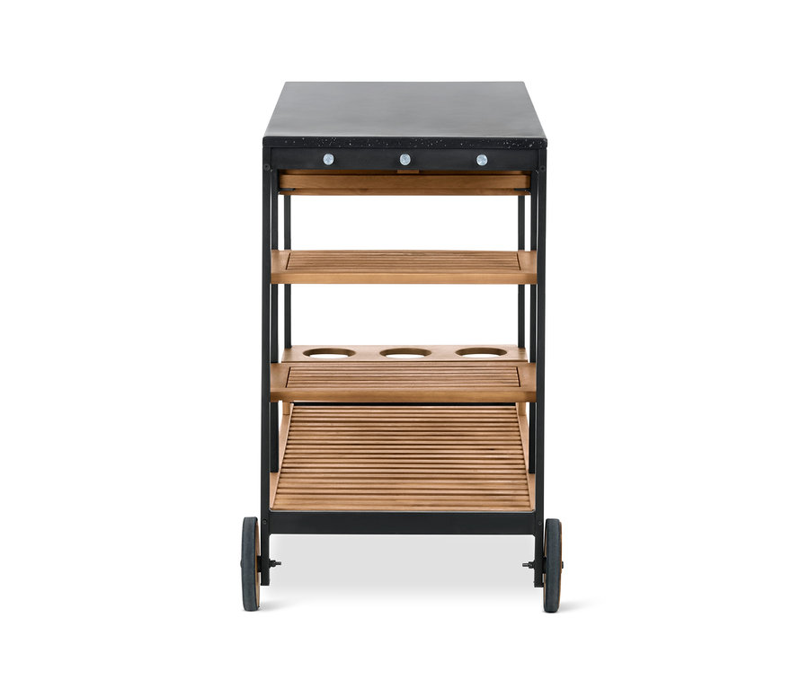 Frontansicht des Grillwagens »Elin« mit Schublade und Beton-Arbeitsfläche, mit Holzregalen und schwarzem Rahmen.