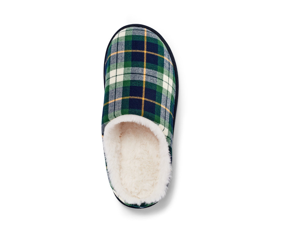 Draufsicht auf einen Hausschuh mit Karomuster in Grün, Marineblau und Gelb.