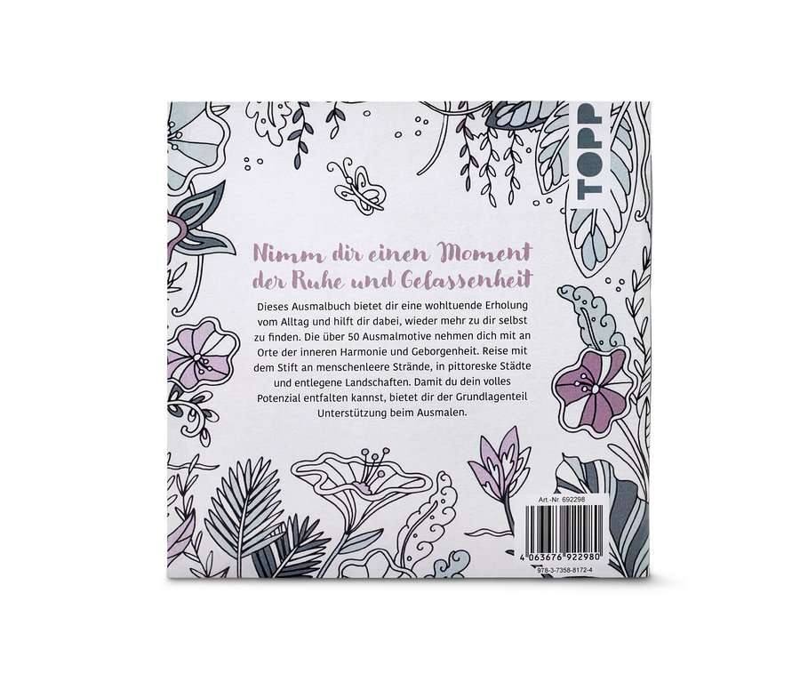 Das Cover des Buchs "Oase der Ruhe – ausmalen und entspannen" mit floralen Illustrationen.