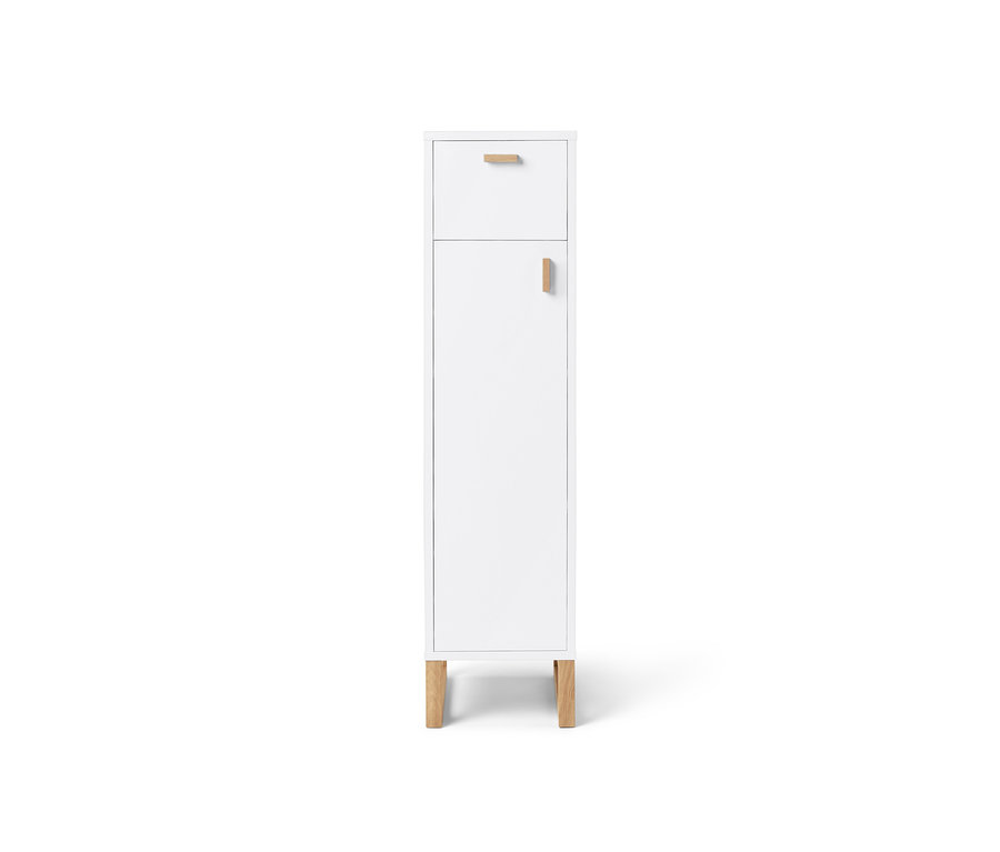Schmaler Bad-Beistellschrank mit Schublade, Tür und Holzfüßen.