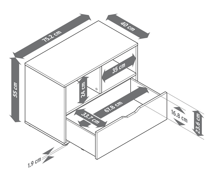 Zeichnung eines Sideboards mit Schublade und den dazugehörigen Maßen.
