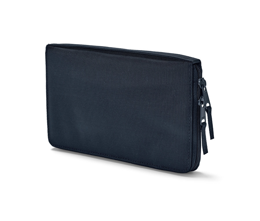 Eine marineblaue Dokumentenmappe mit zwei Reißverschlüssen.