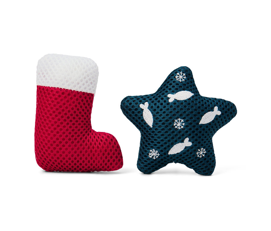 Katzenspielzeug in Form eines roten Strumpfs und eines blauen Sterns.