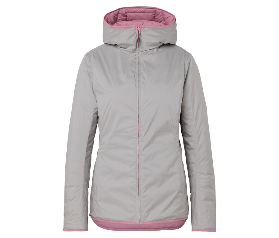 Graue Kapuzenjacke mit rosa Futter.