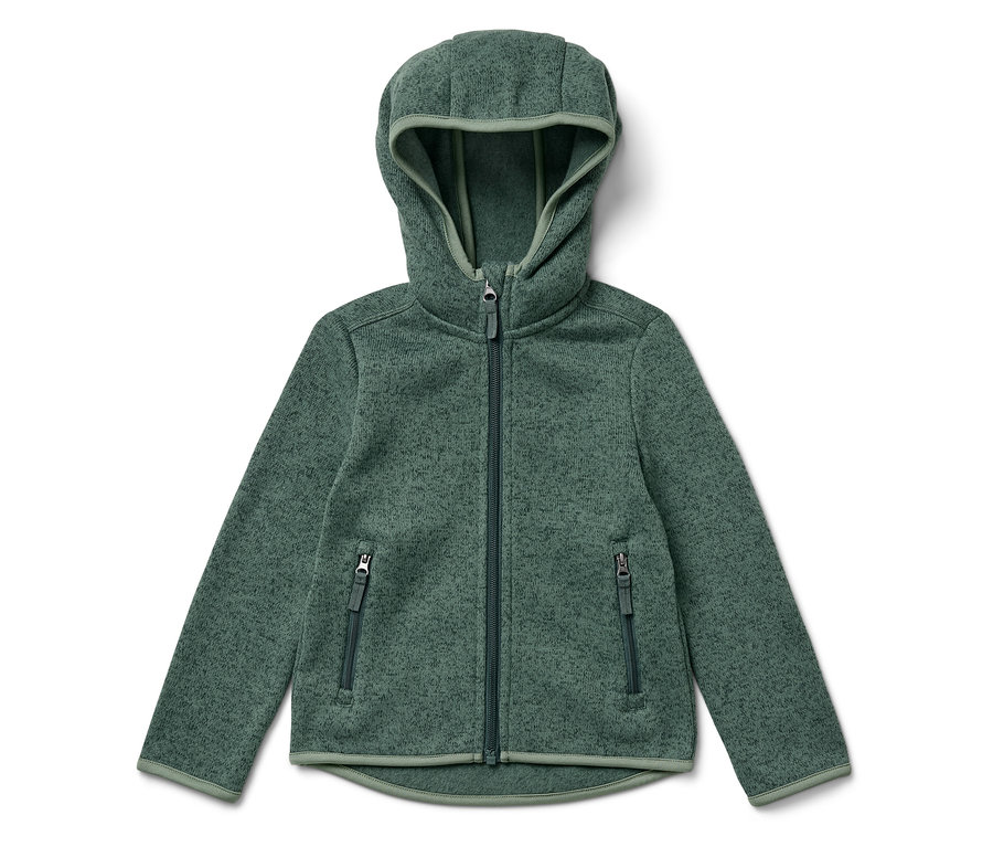 Grüne Fleecejacke mit Kapuze und Reißverschluss in der Mitte.