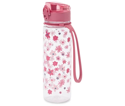 Eine rosa Trinkflasche mit Blumenmuster.