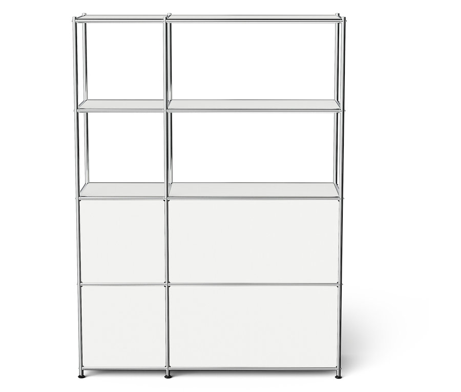 Weißes modulares Regal mit silbernem Rahmen.