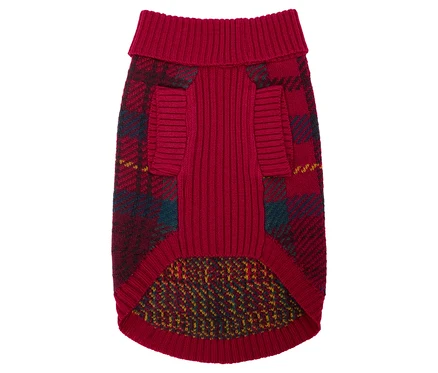 Ein roter Hundepullover mit Karomuster.