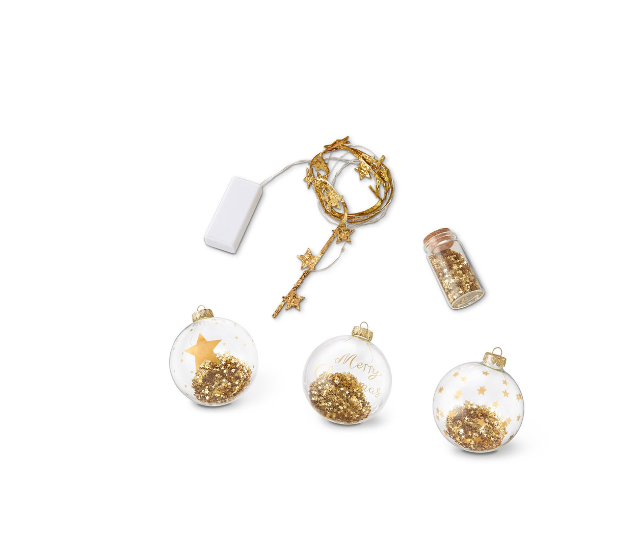 Deko-Geschenkset, Stern mit Kugeln, Lichtern und Glitzer.