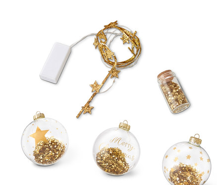 Deko-Geschenkset, Stern mit Kugeln, Lichtern und Glitzer.