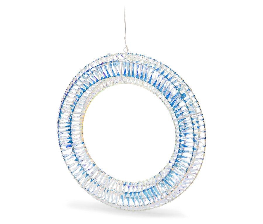 Eine hängende Dekoration in Form eines Kreises aus transparenten und blauen Kristallen.