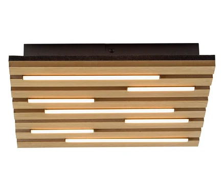 Quadratische Just Light Akustik-Deckenleuchte mit dunkler Basis und horizontalen Holzlamellen, zwischen denen beleuchtete Lichtstreifen sichtbar sind.