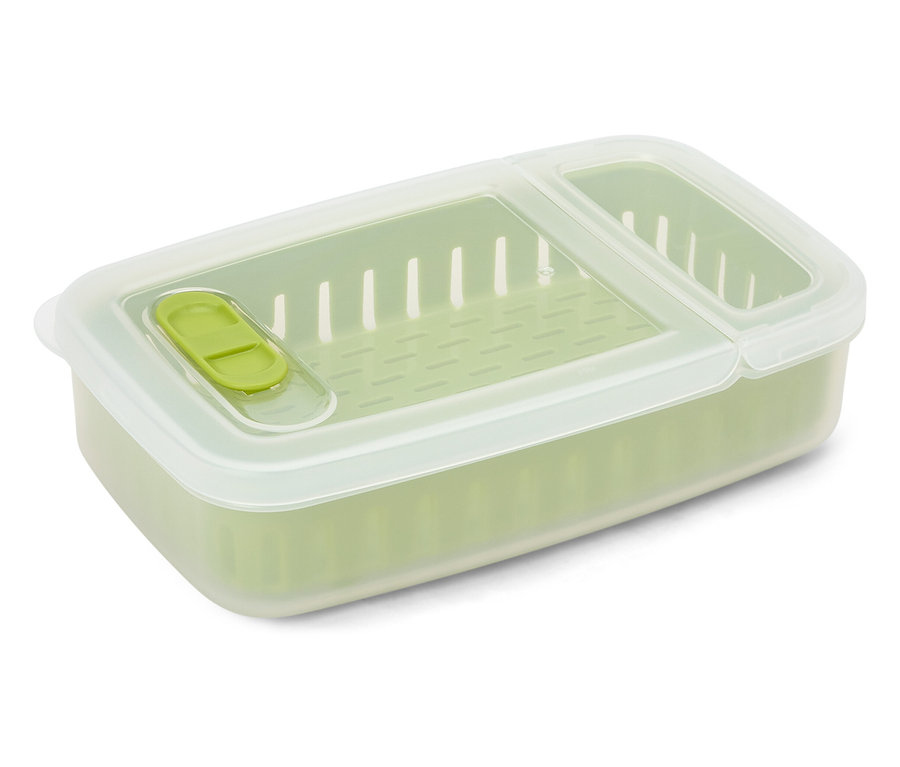 Grüne, rechteckige Vorratsdose mit transparentem Deckel und grünem Verschluss.