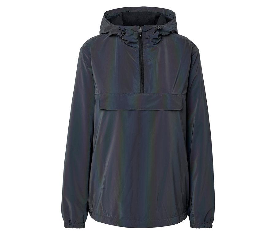 Regenbogen-reflektierender Windbreaker mit Kapuze und Kängurutasche.