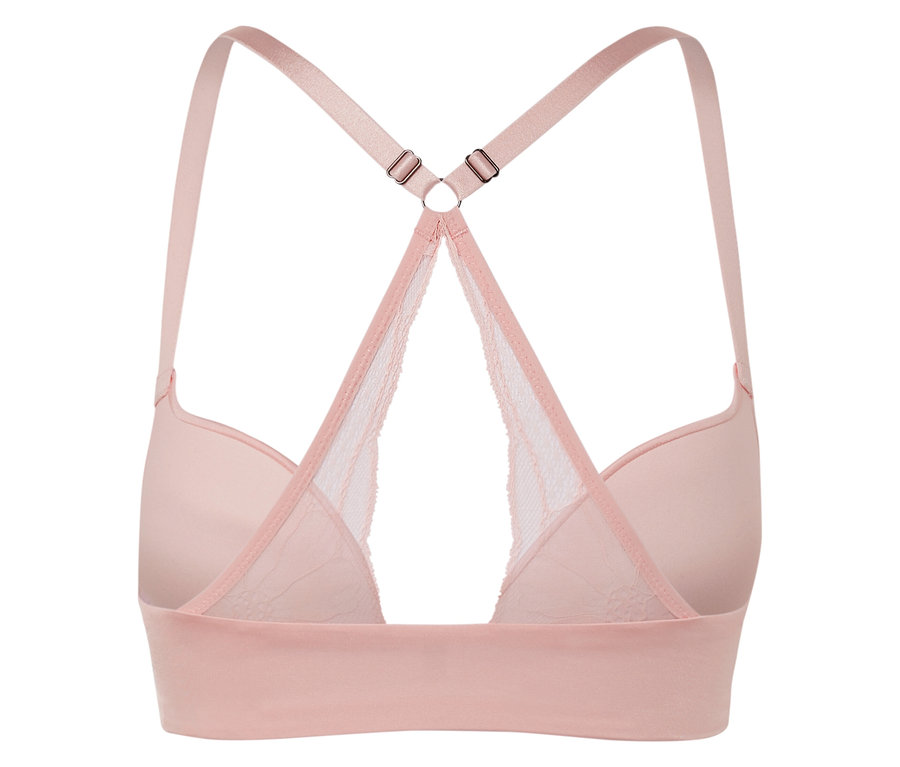 Rückansicht eines rosafarbenen BHs mit Spitzendetails und gekreuzten Trägern.