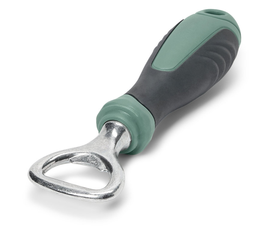 Silberner Flaschenöffner mit graugrünem Griff.