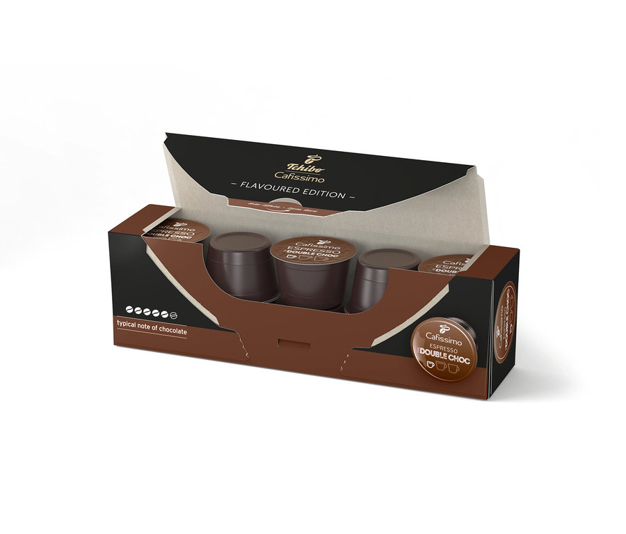 Geöffnete Packung Cafissimo Flavoured Espresso Double Choc Kapseln, mit Kapseln in der Packung.