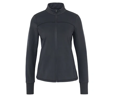 Eine schwarze Jacke mit einem Reißverschluss in der Mitte.